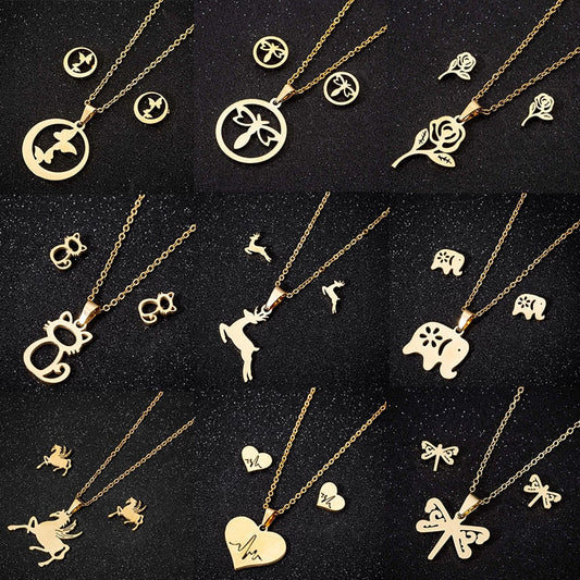 sengpan  gifts for women New Animal Flower Butterfly Stainless Steel Pendant Necklace Sets For Women Gold Color Chain Necklace Earrings Jewelry Gifts