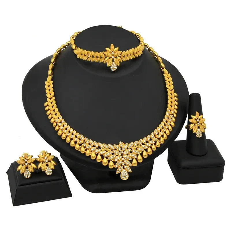 sengpan - Dubai Jewelery Set Bridal Necklace Sets Earrings For Women Indian Rings African Bracelet Accessories Wedding Bridesmaid Gift New