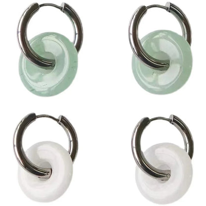 sengpan New Unique Green Jade Round Stainless Steel Hoop Earrings For Women Vintage Elegant Earclip Earrings Statement Jewelry