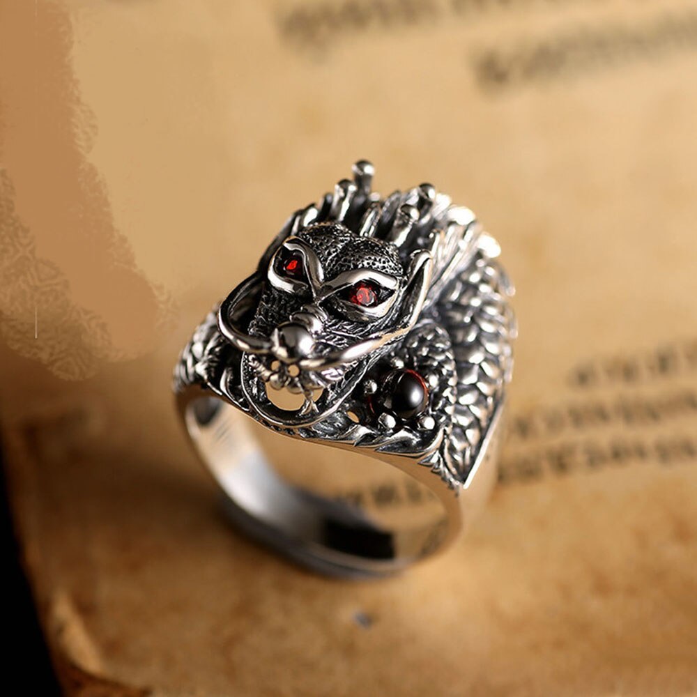 sengpan Christmas decor ideas Retro Men Domineering Dragon Ring Personality Animal Punk Hip Hop Red Glasses Knight Dragon Ring Jewelry Gift