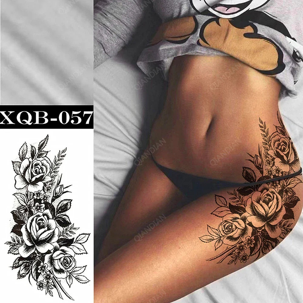 sengpan Black Flower Rose Waterproof Temporary Bird Snake Sexy Body Arm Leg Gem Henna Tattoo Fashion Big Fake Sleeve Sticker