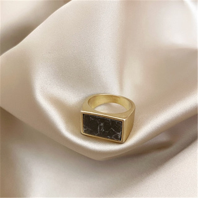 sengpan New Personality Vintage Trendy Marble Shell Simple Geometric Square Metal Ring For Women Girls Party Jewelry Gifts