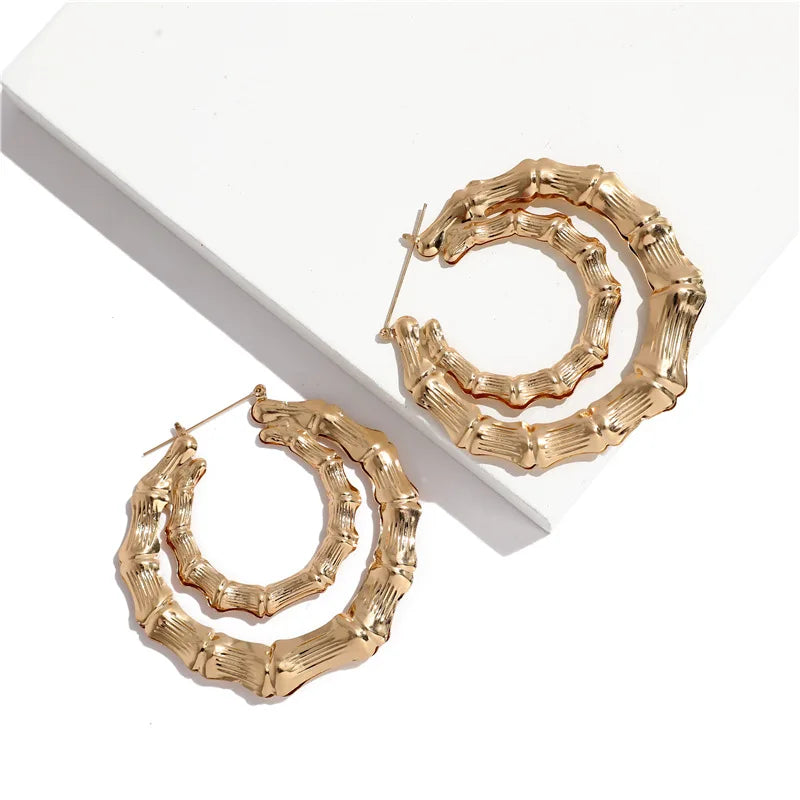 sengpan Y2K Jewelry Golden Color Big Bamboo Circle Geometric Earrings For Women Egirl Style Fashion Earrings 2000s Aesthetic Friends