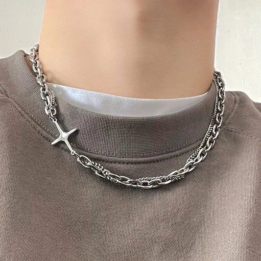 sengpan Hip Hop Stainless Steel Cross Necklace for Women Men Punk Double Layer Splicing Chain Necklaces Charm Trend Neck Jewelry Choker