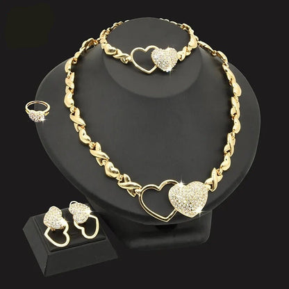 sengpan - Gold Jewelry Sets For Women Pakistani Wedding Bridal Heart Crystal Fashion Necklace Nigerian Bracelet Earring Ring