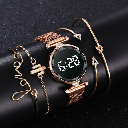 sengpan Christmas wishlist 5pcs Set Bracelet Watch Women Luxury Digital Magnet Rose Gold Stainless Steel Led Quartz Watches Relogio Feminino Dropshipping