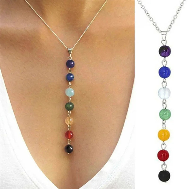 Lianfudai 7 Chakra Gem Stone Beads Pendant Necklace Women Yoga Reiki Healing Balancing Maxi Chakra Necklaces Bijoux Femme Jewelry 2024 New