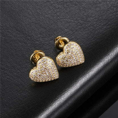 sengpan Hip Micro 1Pair Heart Shape Pave Baguette Cubic Zircon Stone Ice out Stud CZ Earring Bling Copper Earrings For Women Men Jewelry