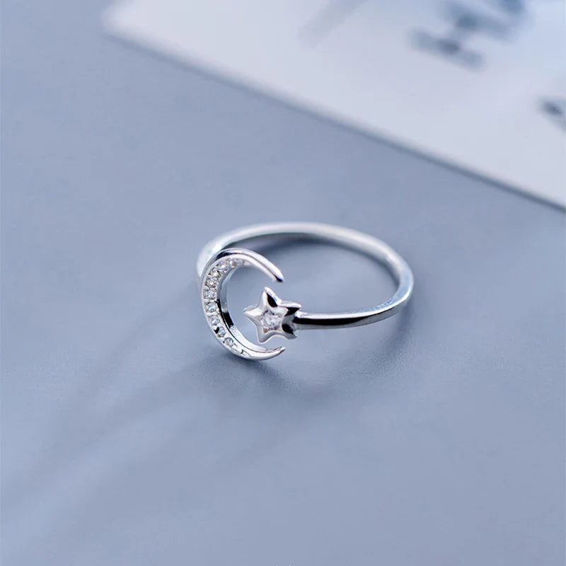 sengpan  Silver Minimalist Zircon Moon Star Opening Ring For Charming Women Party Fine Jewelry Cute  Gift