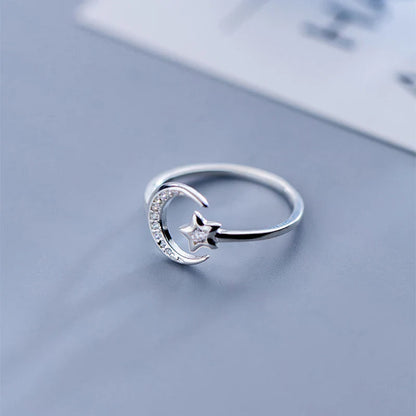 sengpan  Silver Minimalist Zircon Moon Star Opening Ring For Charming Women Party Fine Jewelry Cute  Gift