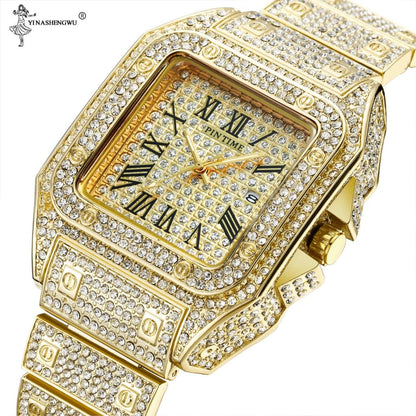 sengpan Disaster Prevention Jewelry Hip Hop Iced Out Men Watch Square Diamond Quartz Luxury Mens Wrist Watches Gold Roman Calendar Steel Clock Relogio Masculino New