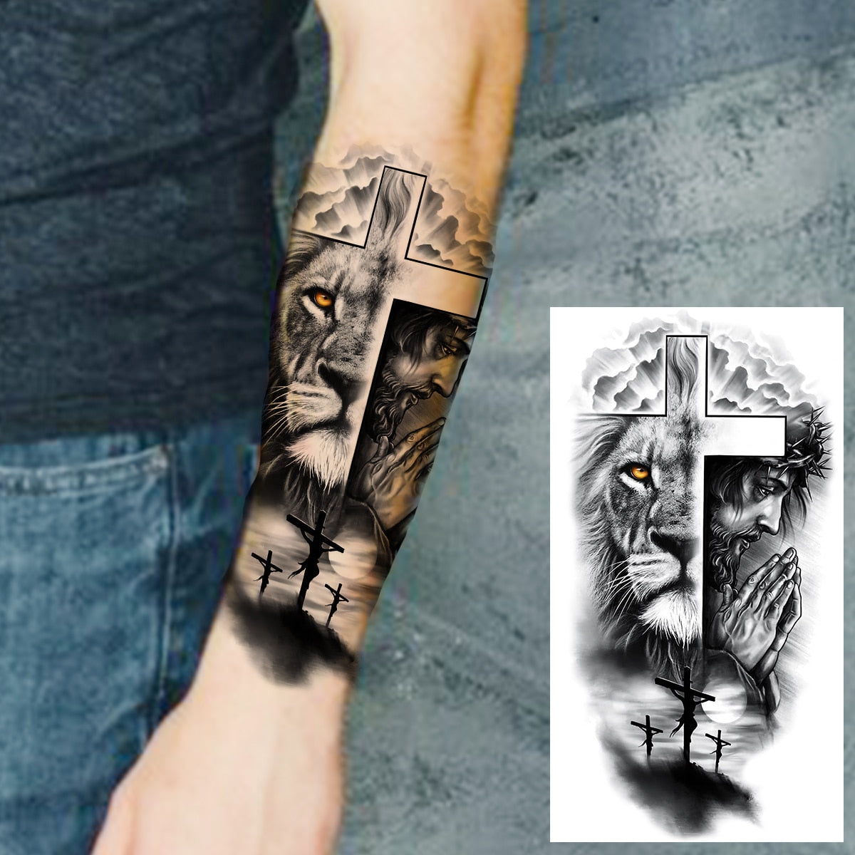 sengpan Praying Lion Cross Temporary Tattoos For Men Women Clown Wolf Tiger Flower Compass Fake Tattoo Sticker Forearm Waterproof Tatoos