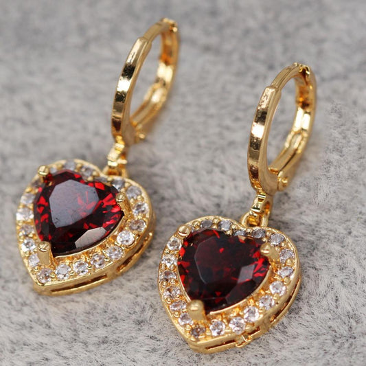 sengpan Drop Earrings for Women's earrings Gold Color Earring With Heaet  red Zircon Luxury Jewelry for Wedding Party