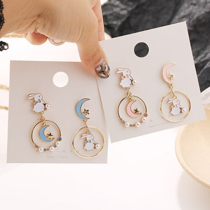 sengpan CHEISTMAS gifts for her New Fashion Moon Stars Rabbit Dangle Earrings For Women Flower Kitten Fishbone Crystal Pearl Asymmetrical Earring Party Jewelry