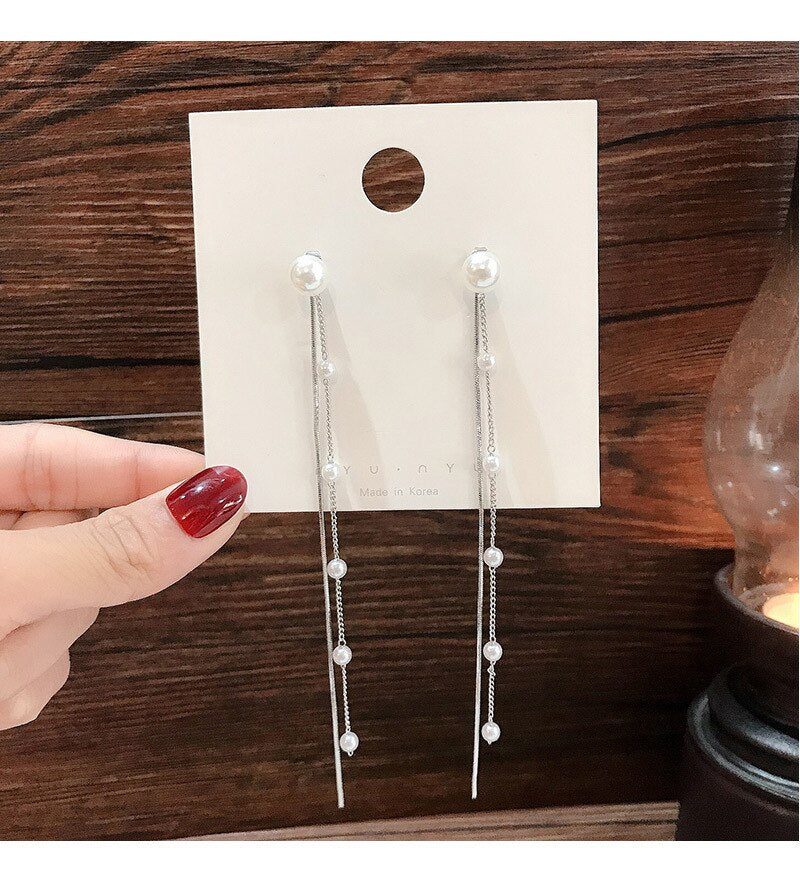 sengpan Christmas gifts ideas New Style Tassel With Pearl Ladies Long Earrings Korea Simulation Pearl Long Chain Earrings Earrings Wedding Jewelry