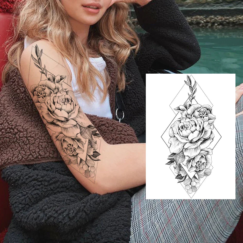 sengpan Sexy Flower Temporary Tattoos For Women Body Art Painting Arm Legs Tattoos Sticker Realistic Fake Black Rose Waterproof Tattoos