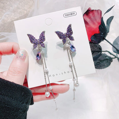 sengpan Christmas wishlist Korean New Trendy Long Tassel Drop Earrings Pearl Crystal Butterfly Hanging Women Earrings Summer Jewelry Wedding Party Gift