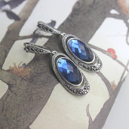 sengpan Oval Crystal Earrings With Blue Stone Retro Style Ear Drop Black Rhinestone Vintage Jewelry Wholesale