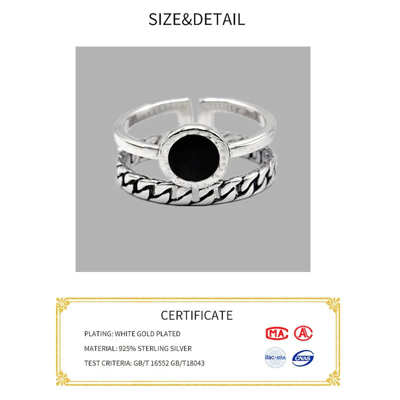 sengpan Genuine 925 Sterling Silver Rings for Women 2 layered black Minimalist Thin Circle Gem Rings Jewelry Carving S925