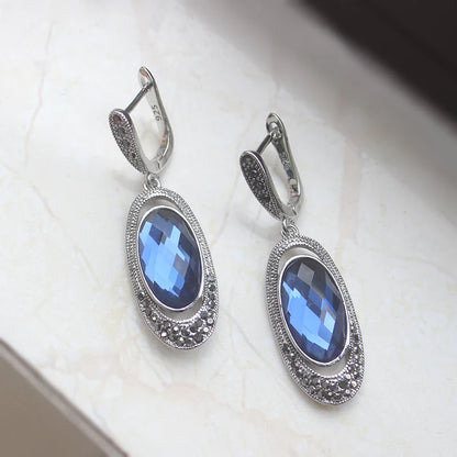 sengpan Oval Crystal Earrings With Blue Stone Retro Style Ear Drop Black Rhinestone Vintage Jewelry Wholesale