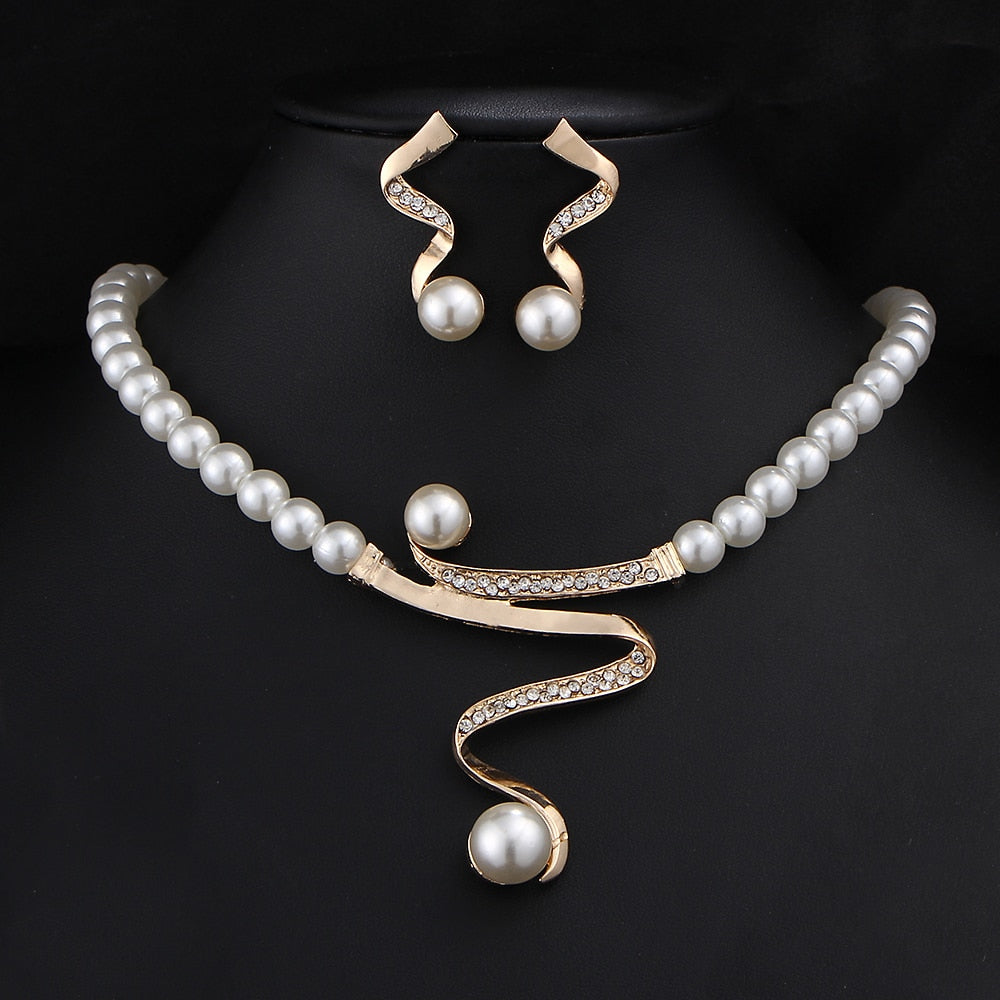 sengpan Elegant Simulated-pearl Bridal Jewelry Sets Rhinestone Pearl Drop NECKLACE+EARRINGS Wedding Jewelry Sets for Women Gifts