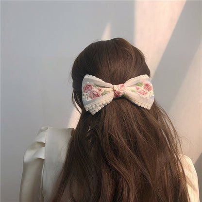 sengpan Retro Geometric Pink Rose Lace Ribbon Hairpin Korean Flower Embroidery Oversized Bow Spring Clip for Women Bridal Wedding