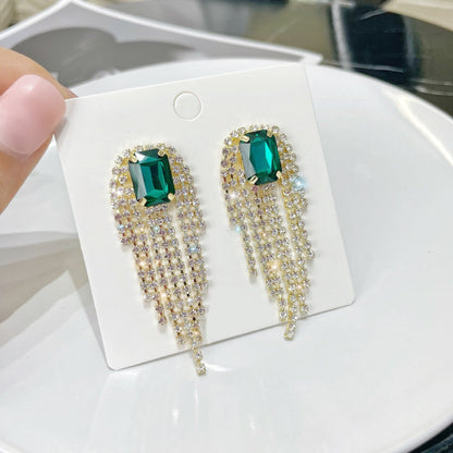 sengpan Christmas gifts ideas New Korean Style Green Crystal Drop Earrings for Women Geometric Rhinestone Tassel Dangle Earring Girl Party Temperament Jewelry