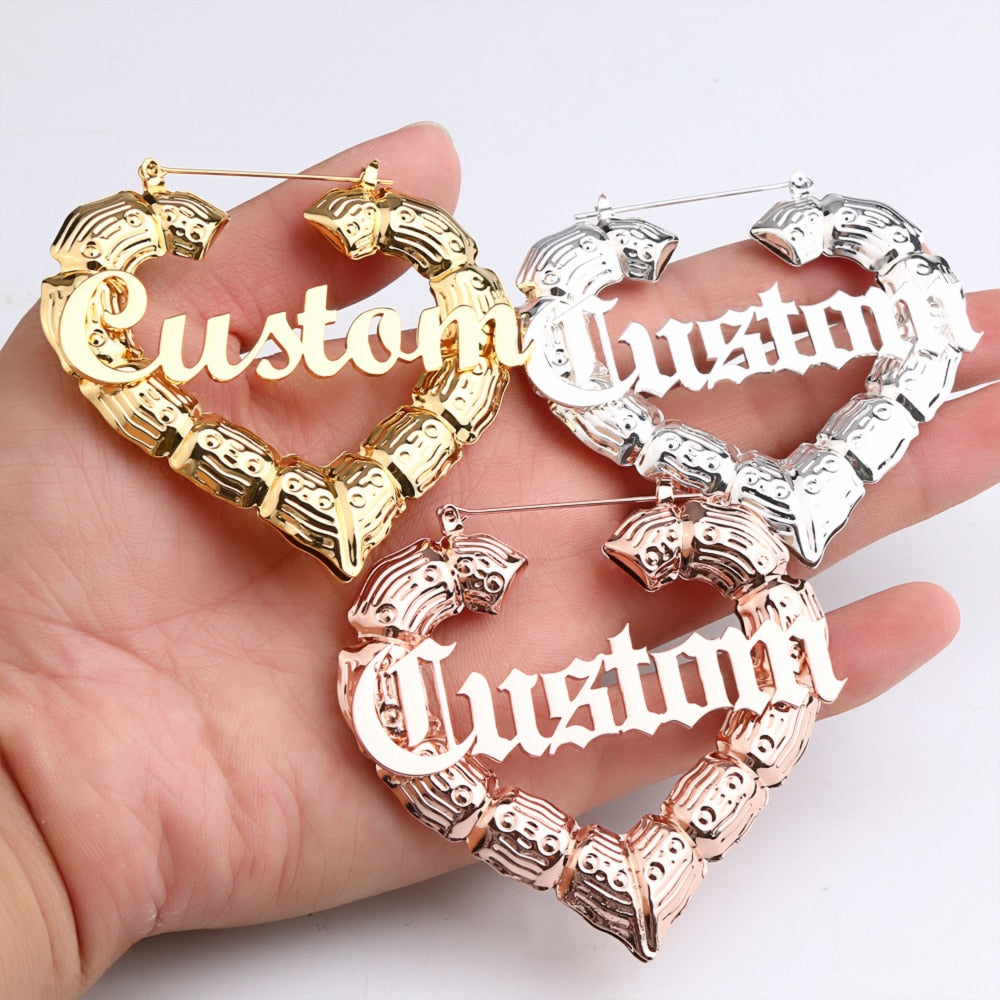 sengpan Christmas wishlist Spices Jewlry 30mm-70mm Custom Earrings Love shape Hiphop Sexy  Heart Bamboo Hoop Earrings Customizable Customize Name Earrings