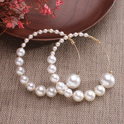 Lianfudai New white boho imitation pearl round circle hoop earrings female gold color big earrings korean jewelry statement earrings