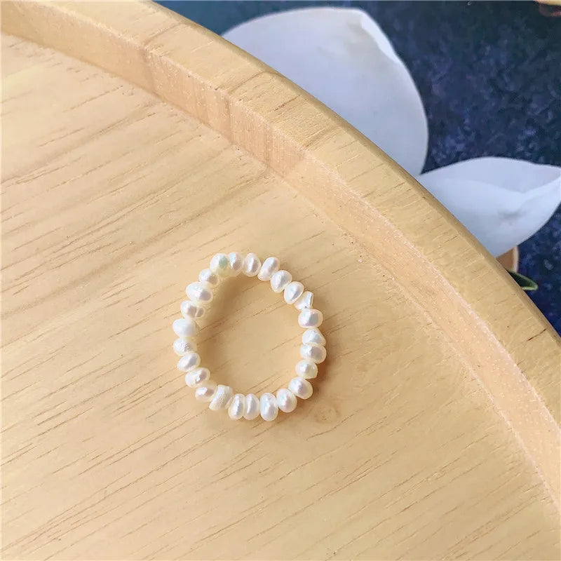 sengpan Elegant Sweet Natural Freshwater Pearl Ring Women Girls Beaded Elastic Rings Fashion Wild Casual Lolita Jewelry Creative Present