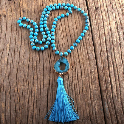 sengpan Fashion Bohemian Jewelry Semi Precious Stones Knotted Druzy Stone Links Tassel Necklaces For Women Boho Necklace