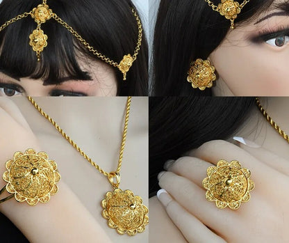 sengpan - Ethiopian Bridal Jewelry Sets 24K Gold Plated Headwear Necklace Earrings Bracelet Ring Nigerian Wedding Jewellery Set For Women