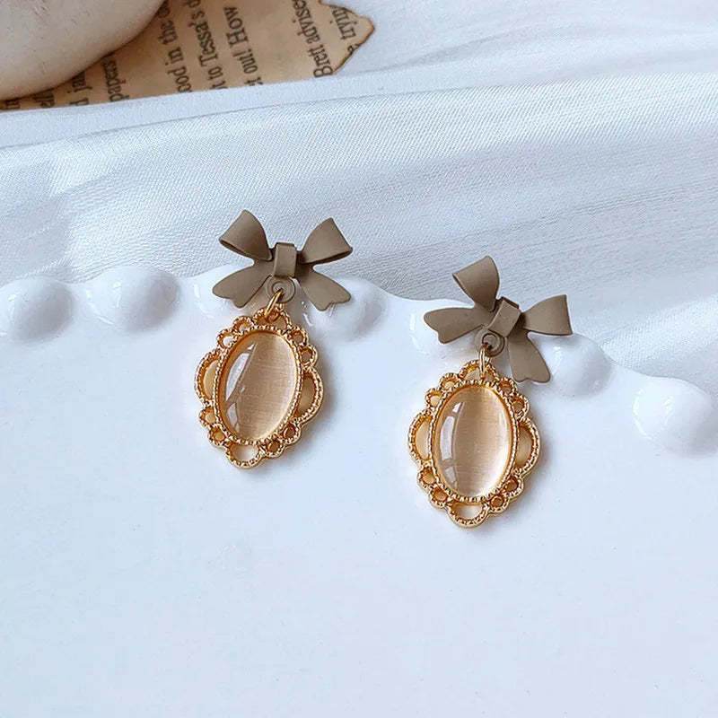 sengpan Bowknot Heart Resin Earrings Korean Classic Style Golden Peach Heart Stud Earrings For Woman Jewelry Valentine's Day present