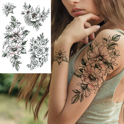 sengpan Sexy Flower Temporary Tattoos For Women Body Art Painting Arm Legs Tattoos Sticker Realistic Fake Black Rose Waterproof Tattoos