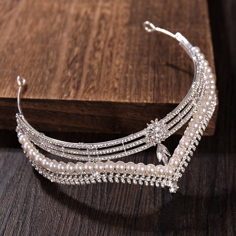 sengpan bridal jewelry set for wedding Luxury Silver Color Crystal Pearl Leaf Bridal Tiaras Crown Geometric Rhinestone Pageant Diadem Wedding Hair Accessories