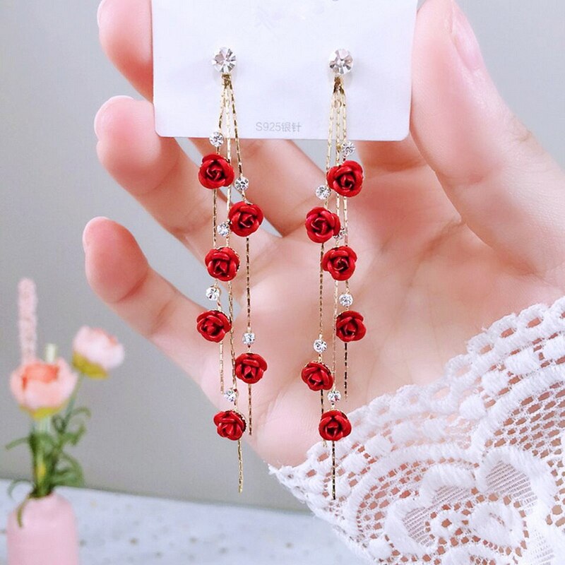 sengpan gifts for her hot sale new gifts for women Korean Fashion Cat Rose Flowers Tassel Earrings For Women Crystal Pearl Dangle Asymmetrical Wedding Party Jewelry Sweet Female