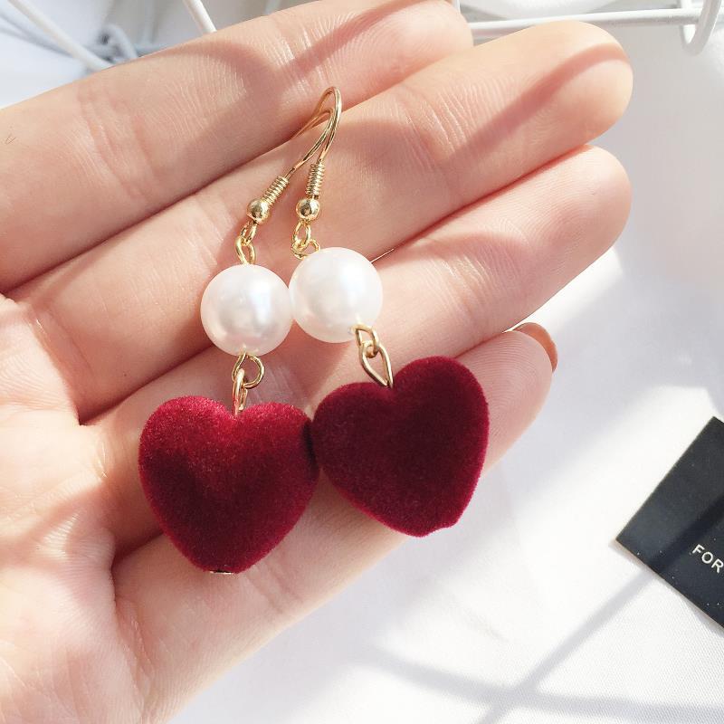 sengpan Christmas gifts ideas Red Style Charm Circle Pearl Drop Earrings Love Heart Bow Earrings For Women Girls Party Gift Korean Fashion Wedding Jewelry