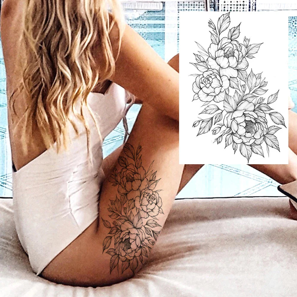 sengpan Sexy Flower Temporary Tattoos For Women Body Art Painting Arm Legs Tattoos Sticker Realistic Fake Black Rose Waterproof Tattoos