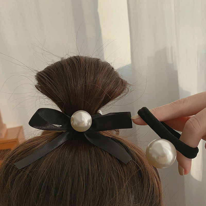 sengpan New Vintage Pearl Bow Headband Cute Black Rubber Band Lace Elasticity Head Rope for Women Girl Temperament Hair Accessories