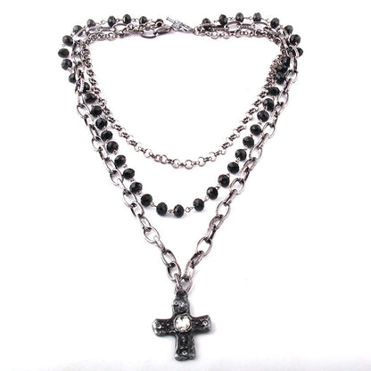 sengpan pearl necklace designs beaded necklace diy layered necklaces Fashion Bohemian Tribal Jewelry 3 Layer Multiple Black Glass Crystal Rosary Link & Chain Cross Pendant Necklaces