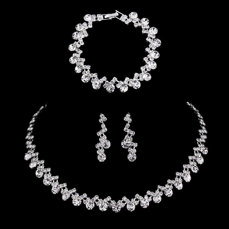 sengpan Silver Color Rhinestone Crystal Bridal Jewelry Sets for Women Necklace Earrings Bracelet Set Wedding Jewelry Accessories