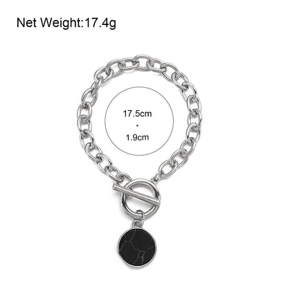 sengpan Punk Silver Color Black Stone Round Pendant Bracelet Retro Hip Hop Men Women Thick Chain Bracelet Female Couple Jewlery