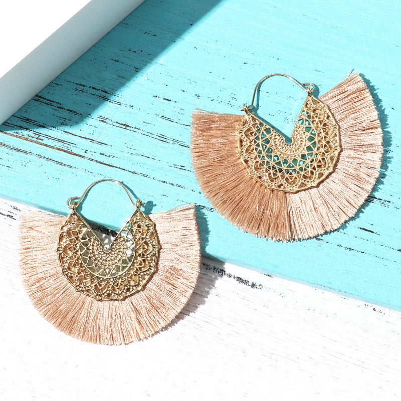 sengpan Fan Shaped Tassel Earrings for Women Lady Female Fringe Handmade Dangle Earring Vintage Dangle Drop Earrings Jewelry