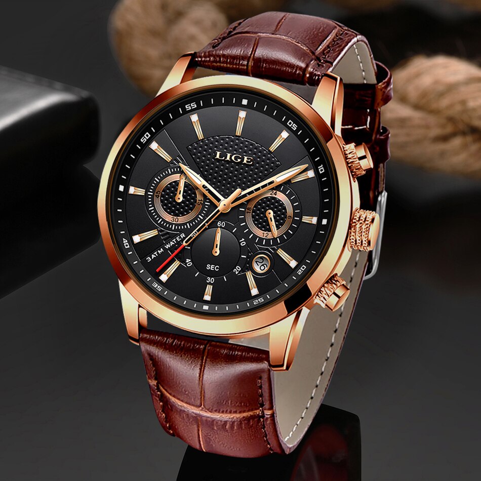 sengpan Men's Watches LIGE Top Brand Luxury Men Wrist Watch Leather Quartz Watch Sports Waterproof Male Clock Relogio Masculino+Box