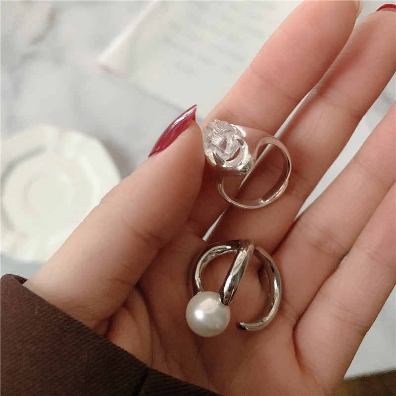 sengpan European Silver Color Metal Imitated Pearl Hollow Ring Irregular Geometric Open Stitching Rings for Women Party Accessories