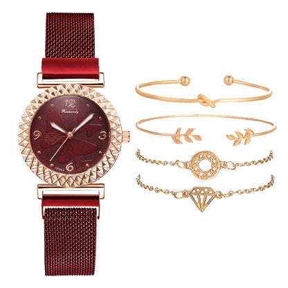 sengpan christmas wishlist valentines day gifts hot sale new Fashion 5pcs Set Bracelet Watch For Women Magnetic Buckle Butterfly Pattern Elegant Pink Ladies Wrist Watch Set Relogio Feminino