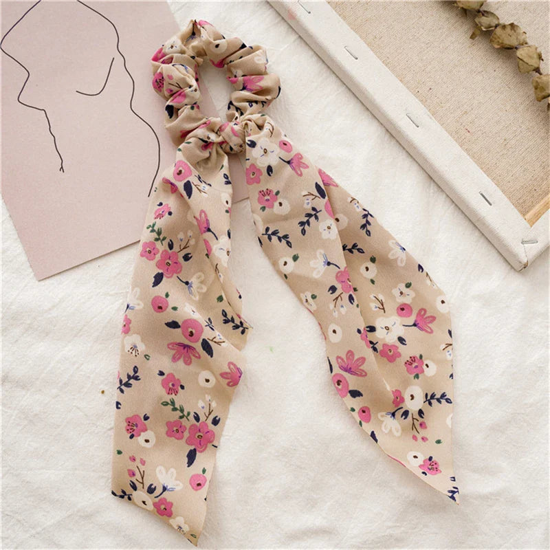 sengpan New Fashion Print Bow Scrunchies Hair Ribbon For Women Elastic Hair Band Girls Horsetail Hair Ties Hair Accessories