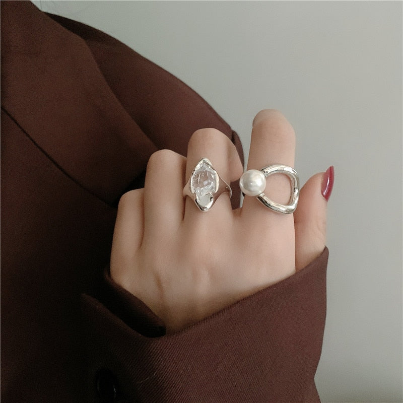 sengpan European Silver Color Metal Imitated Pearl Hollow Ring Irregular Geometric Open Stitching Rings for Women Party Accessories