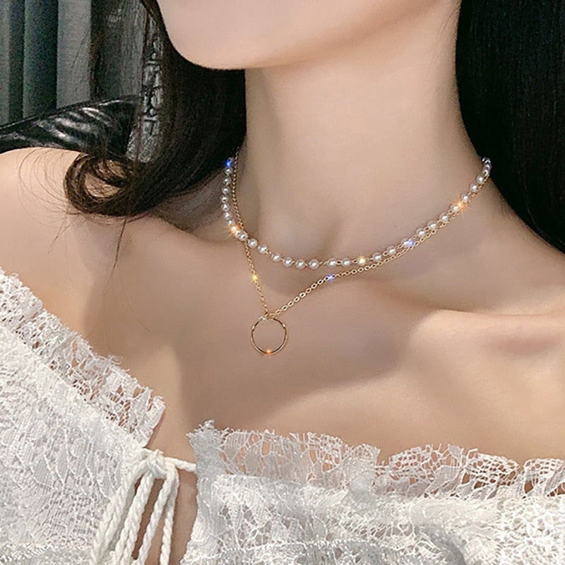 sengpan jewelry gifts for women hot sale new Vintage Hollow Circle Pearl Collar Necklace For Women Fashion Simple Metal Circle Pendant Necklace Choker Jewelry Gift