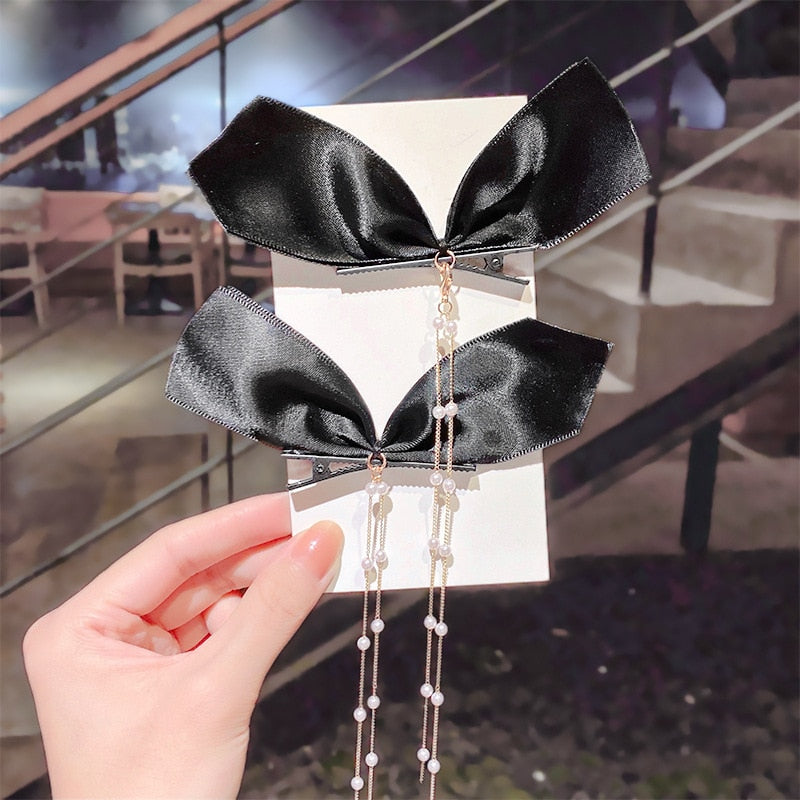 sengpan New Bow Pearls Chain Barrettes Hairpins For Women Rhinestone Spring Hair Clips Ribbon Headband Ponytail Hair Accessories